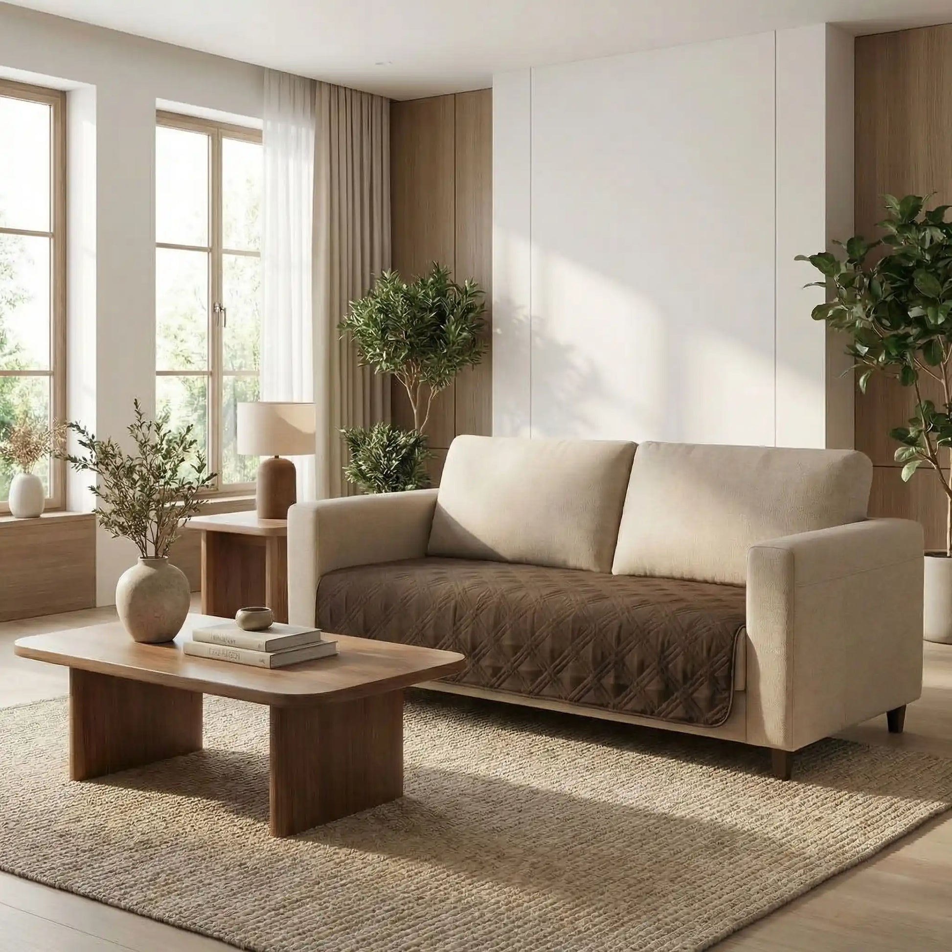 Protection-canape-chien-couverture-protege-siege-imperméable, résistant aux griffes, durable, tapis ou couverture qui protège des accidents, humidité saleté, boue,tissu anti poils, lavable en machine en 3 tailles M, L et XL pour canapé de 1/2/3 places, futon, canapé relax et canapé avec angles ou méridienne-un protege canape de couleur marron taille L au rembourrage 100% coton installé sur le canapé de 2 places du salon de la maison