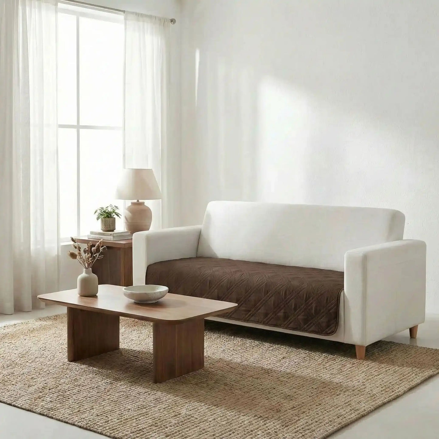 Protection-canape-chien-couverture-protege-siege-imperméable, résistant aux griffes, durable, tapis ou couverture qui protège des accidents, humidité saleté, boue,tissu anti poils, lavable en machine en 3 tailles M, L et XL pour canapé de 1/2/3 places, futon, canapé relax et canapé avec angles ou méridienne-un protege canape de couleur marron de taille xl  au rembourrage 100% coton installé sur le grand canapé familial du salon de l'appartement