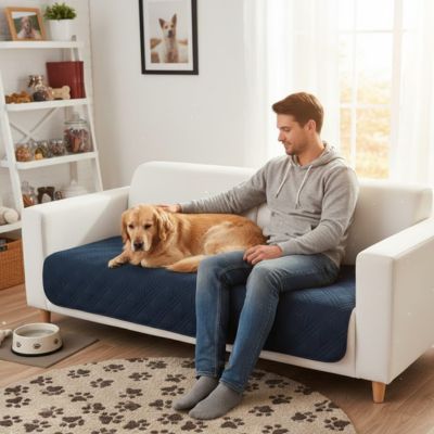 Protection-canape-chien-couverture-protege-siege-imperméable, résistant aux griffes, durable, tapis ou couverture qui protège des accidents, humidité saleté, boue,tissu anti poils, lavable en machine en 3 tailles M, L et XL pour canapé de 1/2/3 places, futon, canapé relax et canapé avec angles ou méridienne-un maitre qui caresseson grand chien confortablement installé tout les deux sur le protege canape de couleur bleu marine au rembourrage 100% coton sur le canapé du salon de la maison