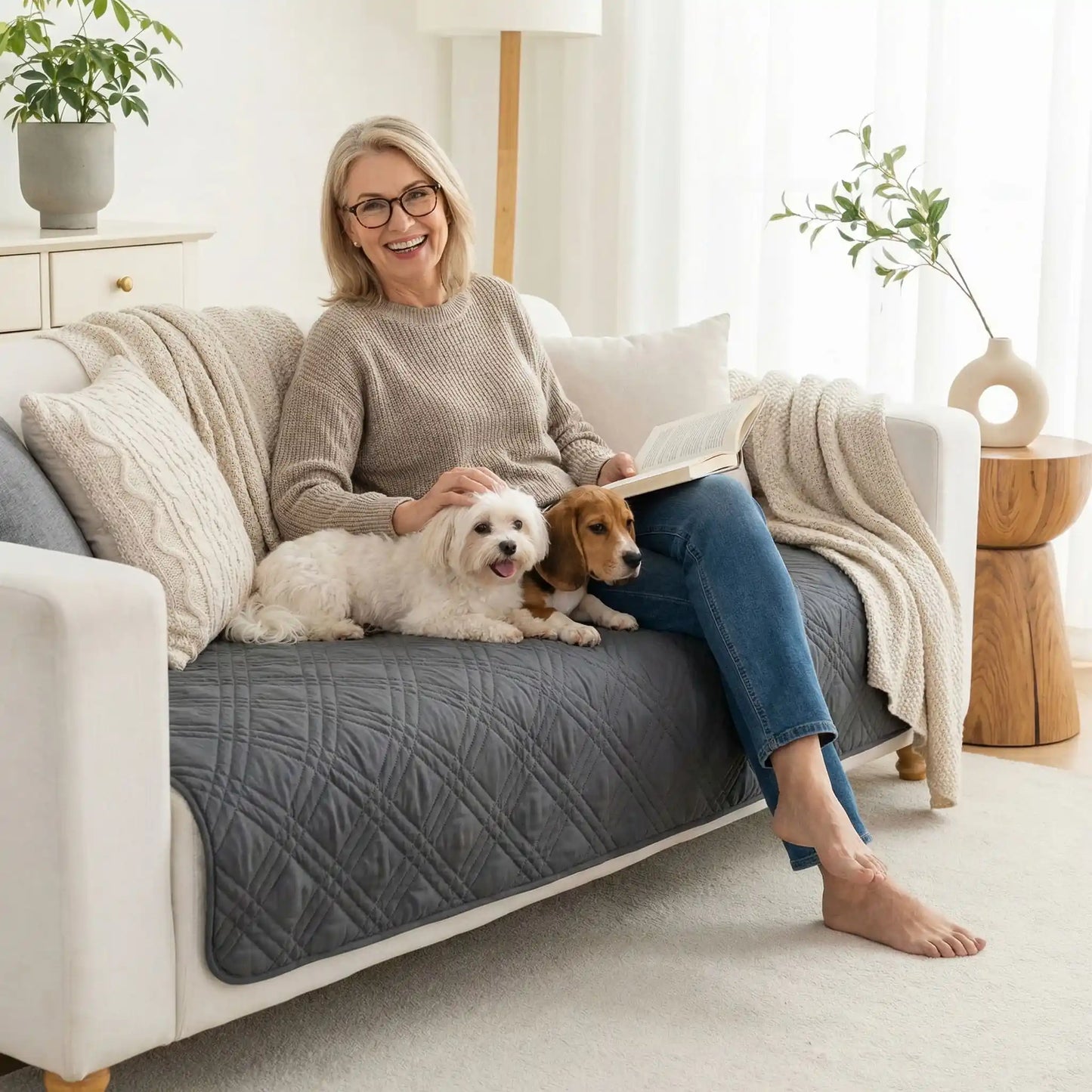 Protection-canape-chien-couverture-protege-siege-imperméable, résistant aux griffes, durable, tapis ou couverture qui protège des accidents, humidité saleté, boue,tissu anti poils, lavable en machine en 3 tailles M, L et XL pour canapé de 1/2/3 places, futon, canapé relax et canapé avec angles ou méridienne-un maitresse qui caresse son Bichon maltais et son Beagle t confortablement installées tout les 3 sur le protege canape de couleur gris au rembourrage 100% coton sur le canapé du salon de la maison