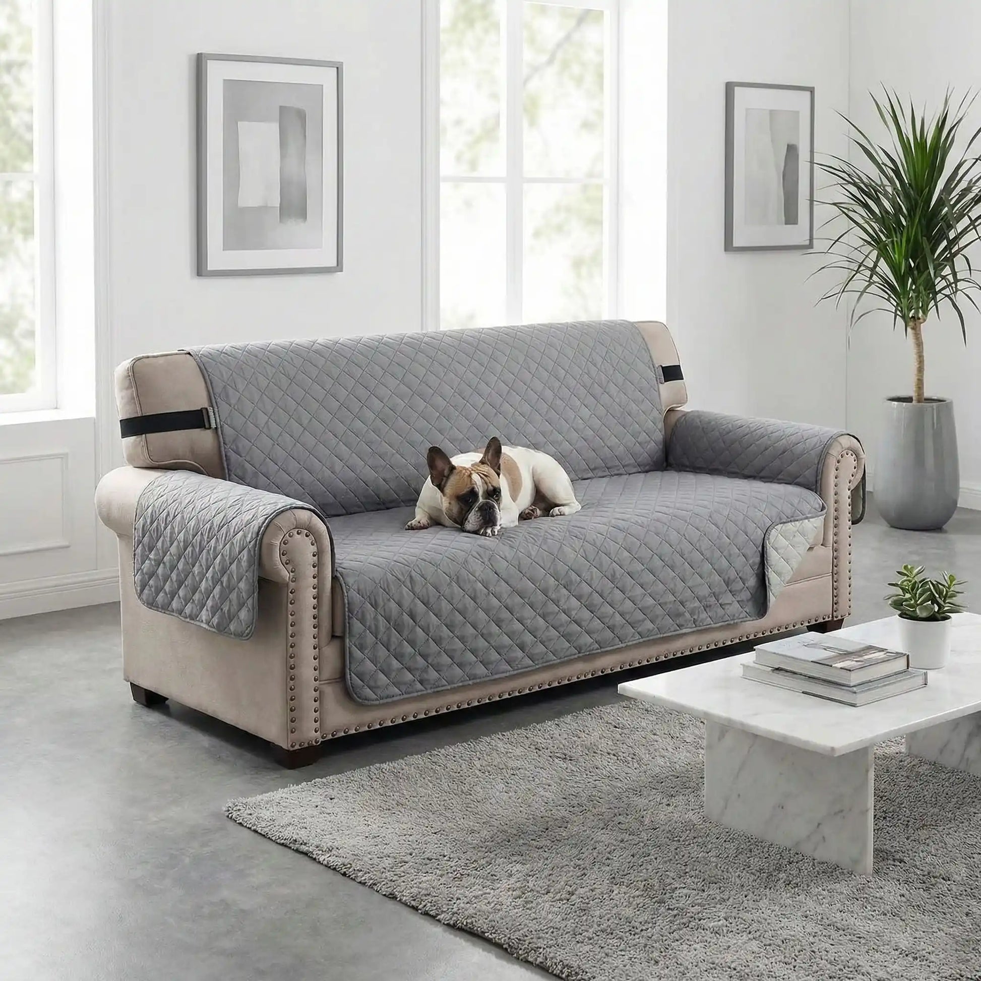 Protection-canapé-chien-impermeable-4-couches et rembourrage 100% coton, légère et universelle pour fauteuil, canapé 1/2/3 ou 4 places,lavable en machine, résistant aux griffes et tâches, réversible avec sangles élastiques pour le dossier et 3 pans séparés compatible pour les canapés et fauteuils relaxant et inclinable-un bouledogue français dui dort couché sur la protection de couleur grise sur le canapé du salon de la maison