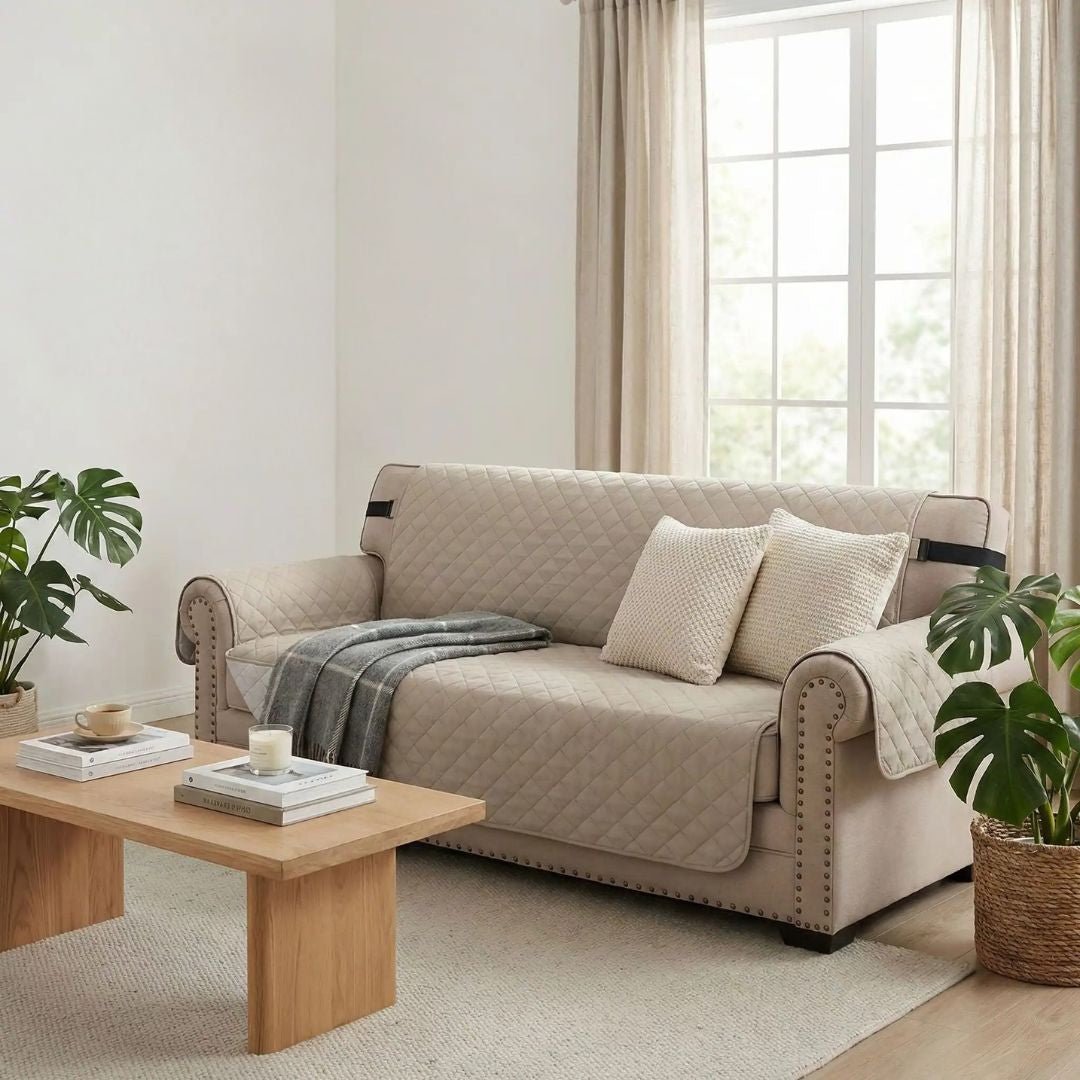 Protection-canapé-chien-impermeable-4-couches et rembourrage 100% coton, légère et universelle pour fauteuil, canapé 1/2/3 ou 4 places,lavable en machine, résistant aux griffes et tâches, réversible avec sangles élastiques pour le dossier et 3 pans séparés compatible pour les canapés et fauteuils relaxant et inclinable-une  protection beige sur le canapé 4 places du salon de la maison