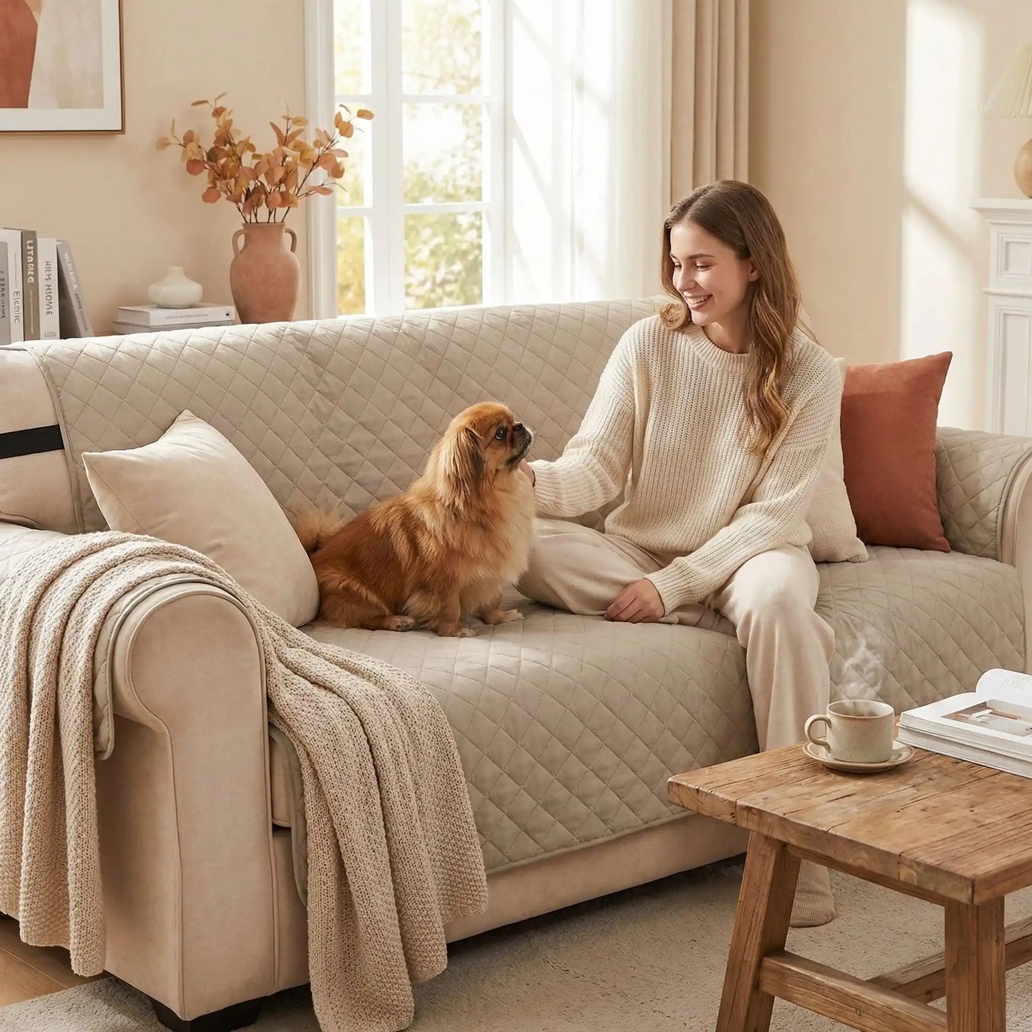 Protection-canapé-chien-impermeable-4-couches et rembourrage 100% coton, légère et universelle pour fauteuil, canapé 1/2/3 ou 4 places,lavable en machine, résistant aux griffes et tâches, réversible avec sangles élastiques pour le dossier et 3 pans séparés compatible pour les canapés et fauteuils relaxant et inclinable-une maitresse asssise qui caresse et parle à  son chien pékinois couché sur la protection beige du canapé du salon de l'appartement