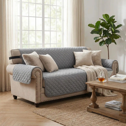 Protection-canapé-chien-impermeable-4-couches et rembourrage 100% coton, légère et universelle pour fauteuil, canapé 1/2/3 ou 4 places,lavable en machine, résistant aux griffes et tâches, réversible avec sangles élastiques pour le dossier et 3 pans séparés compatible pour les canapés et fauteuils relaxant et inclinable-photo de la housse de couleur grise sur un canapé 4 places dans le salon de l'appartement