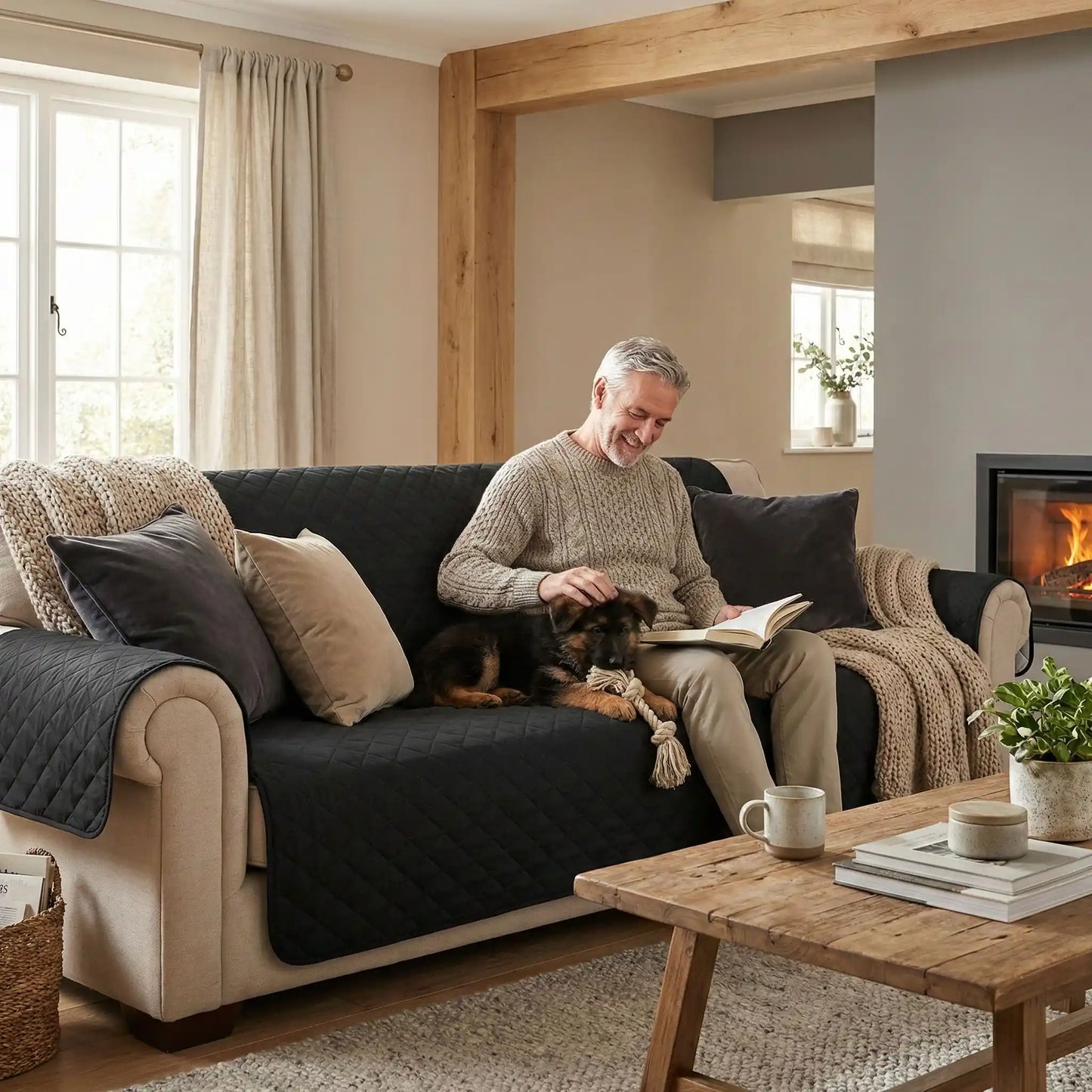 Protection-canapé-chien-impermeable-4-couches et rembourrage 100% coton, légère et universelle pour fauteuil, canapé 1/2/3 ou 4 places,lavable en machine, résistant aux griffes et tâches, réversible avec sangles élastiques pour le dossier et 3 pans séparés compatible pour les canapés et fauteuils relaxant et inclinable-un maitre qui lit son livre en caressant son chiot berger allemend qui mordille son jouet en corde couché à côté de lui  sur la protection noire sur le canapé du salon de la maison 