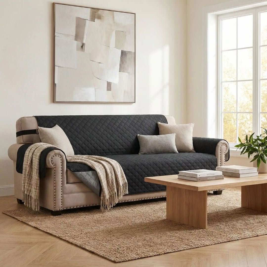 Protection-canapé-chien-impermeable-4-couches et rembourrage 100% coton, légère et universelle pour fauteuil, canapé 1/2/3 ou 4 places,lavable en machine, résistant aux griffes et tâches, réversible avec sangles élastiques pour le dossier et 3 pans séparés compatibles pour les canapés et fauteuils relaxant et inclinable-une  protection noire  sur le canapé 4 places du salon de la maison