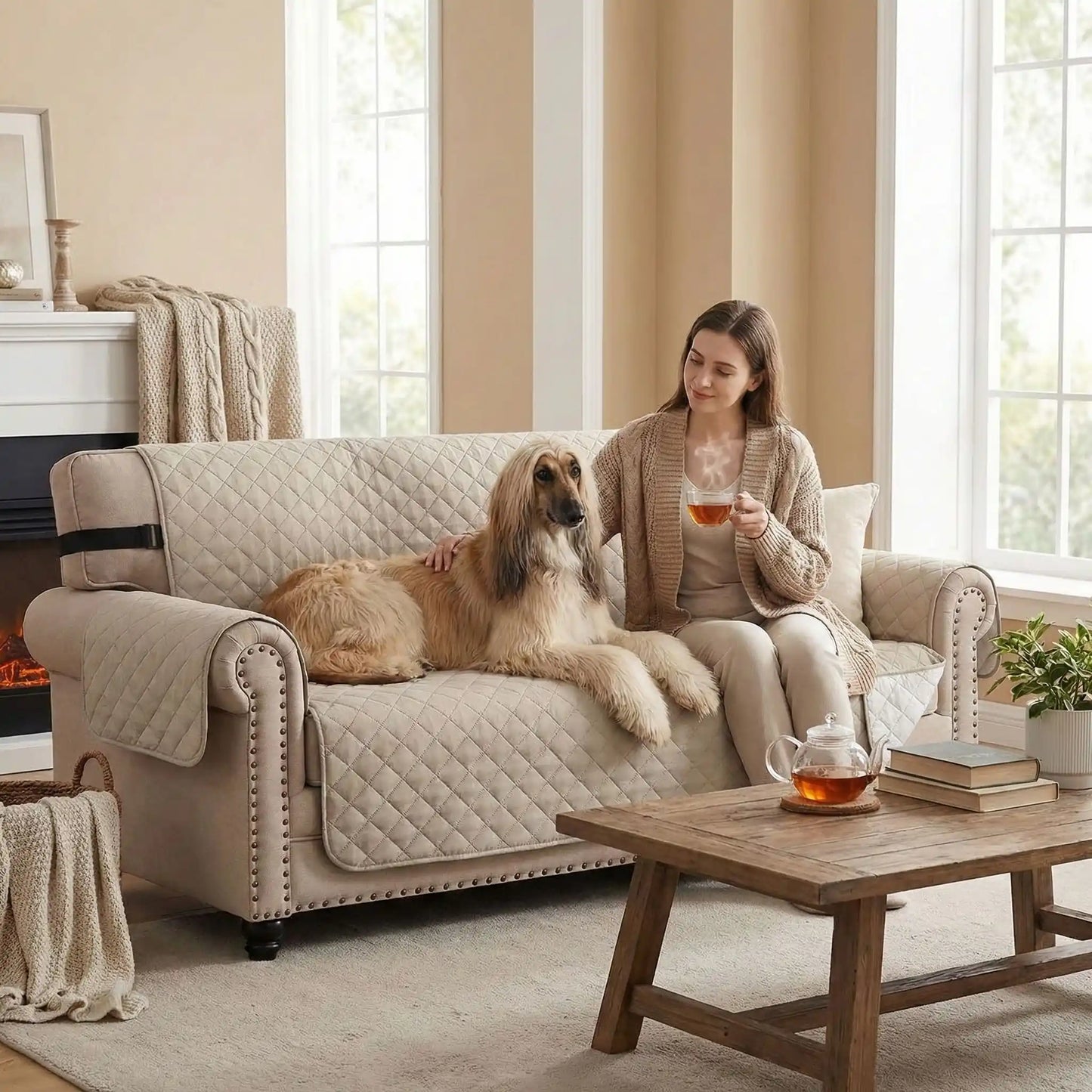 Protection-canapé-chien-impermeable-4-couches et rembourrage 100% coton, légère et universelle pour fauteuil, canapé 1/2/3 ou 4 places,lavable en machine, résistant aux griffes et tâches, réversible avec sangles élastiques pour le dossier et 3 pans séparés compatible pour les canapés et fauteuils relaxant et inclinable-une maitresse assise qui boit son thé en caressant son grand chien à poils longs et épais sur la protection beige sur le canapé du salon de la maison
