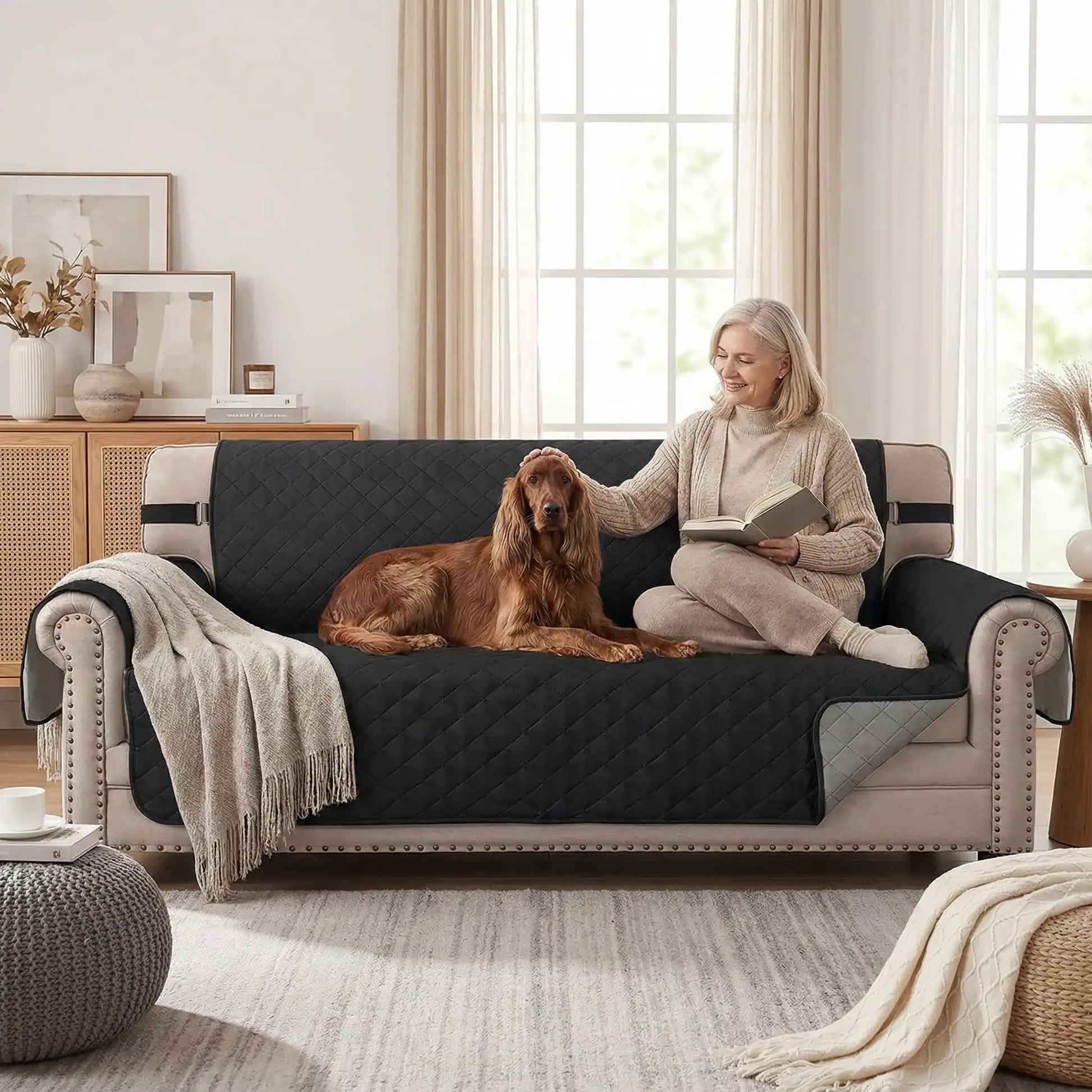 Protection-canapé-chien-impermeable-4-couches et rembourrage 100% coton, légère et universelle pour fauteuil, canapé 1/2/3 ou 4 places,lavable en machine, résistant aux griffes et tâches, réversible avec sangles élastiques pour le dossier et 3 pans séparés compatible pour les canapés et fauteuils relaxant et inclinable-une maitresse qui lit son livre en caressant son cocker sur la protection noire sur le canapé du salon de l'appartement
