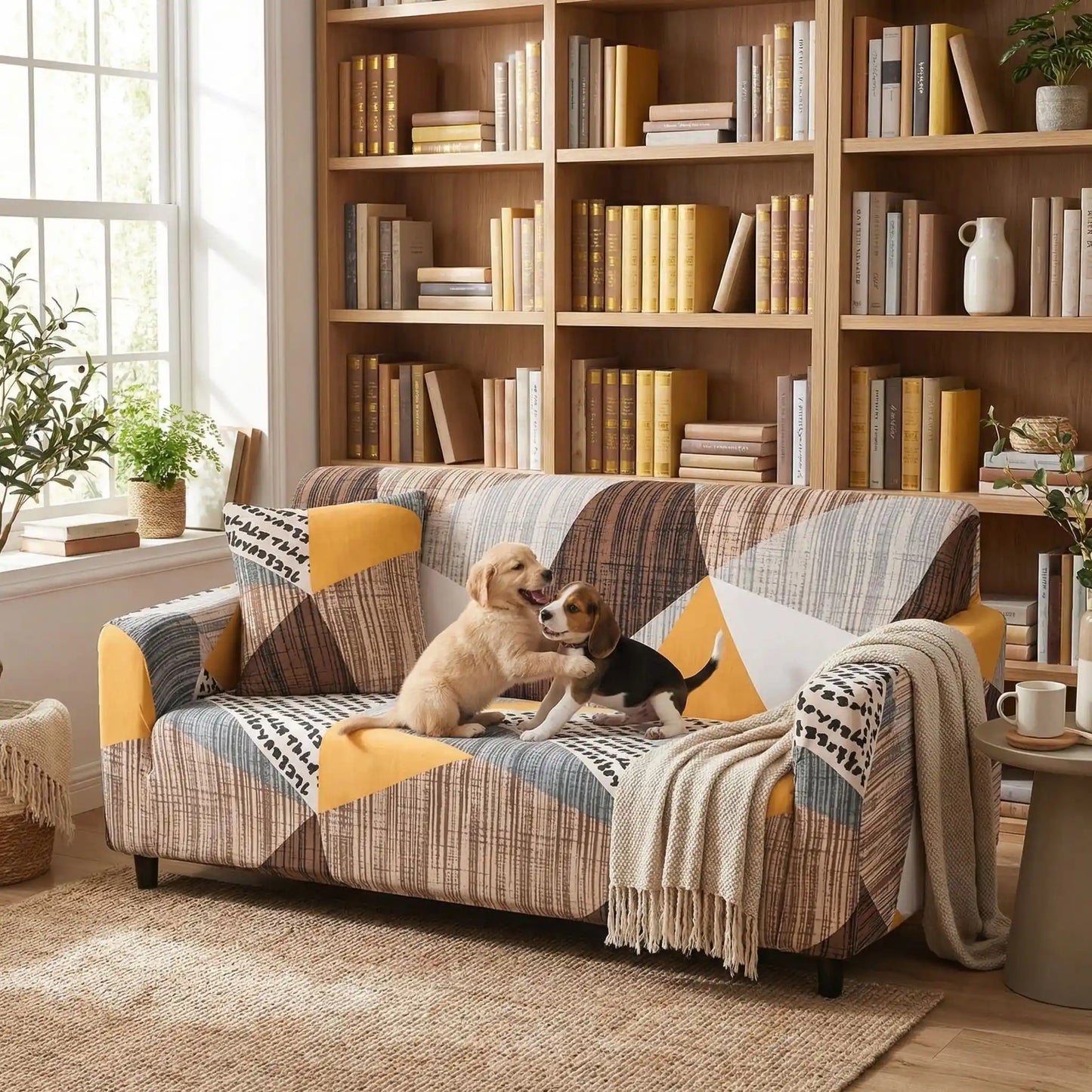 Protection-canape-chien-anti-poils-anti accident, lavable en machine, haute élasticité et resistante aux griffes et à l'usure, universelle en 4 tailles pour fauteuil, canapé de 2/3/4 places, avec élastique et bloque plis- deux chiots qui jouent  sur le canapé enveloppé de la housse graphique grise , blanche et jaune au design moderne coloré et aux finitions soignées qui embellit la décoration de la bibliothèque du salon de la maison