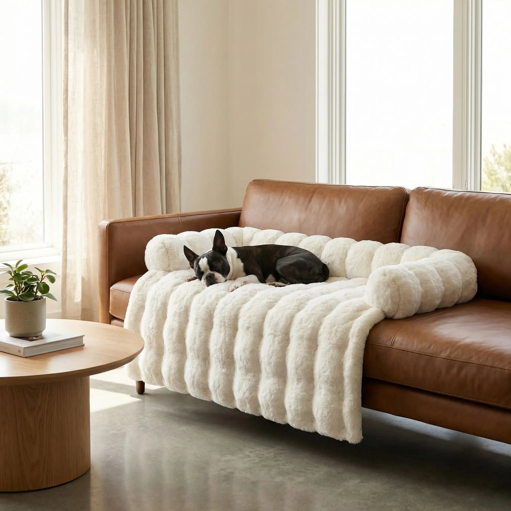 Protection-canape-chien-lit-antiderapant avec traversin entourant sur 3 côté, en fausse fourrure rembourrage 100% coton haute densité, polyvalent pour le sol, canapé, protège lit, portège siège voiture, tapis de cage, pliable, léger et portable pour petit à chien moyenne taille-dimensions 75x75 cm-un  Boston terrier qui dort paisiblement sur le protège canapé de couleur blanc cassé sur le canapé en cuir du salon de l'appartement