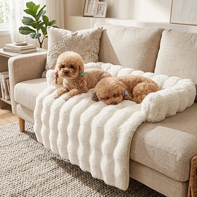 Protection-canape-chien-lit-antiderapant avec traversin entourant sur 3 côté, en fausse fourrure rembourrage 100% coton haute densité, polyvalent pour le sol, canapé, protège lit, portège siège voiture, tapis de cage, pliable, léger et portable pour petit à chien moyenne taille-dimensions 75x75 cm-deux petits chiens couchés sur le protège canapé pour chien en fausse fourrure douce de couleur blanc crème , sa tête couchée sur le traversin rembourré sur le canapé en cuir capitonné dans le salon de la maison