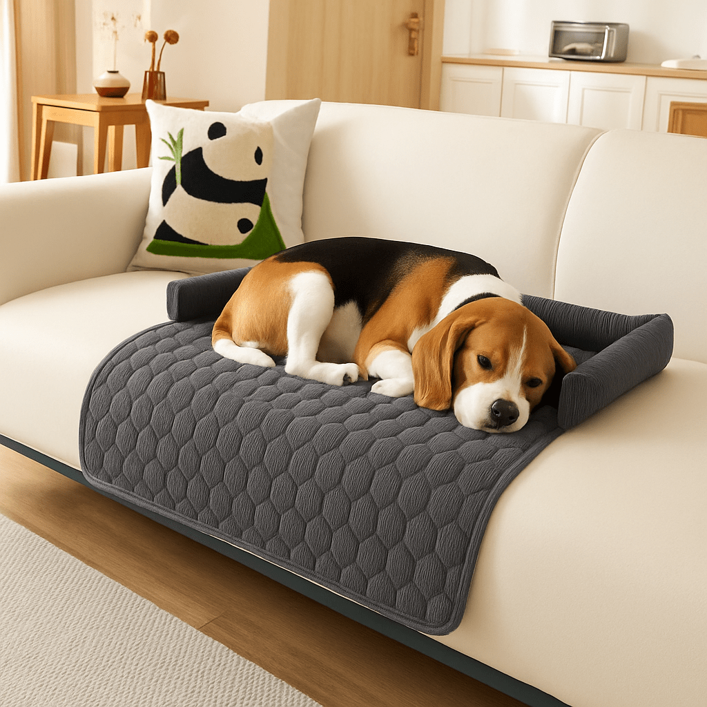 Protection-canapé-chien-antidérapant-avec-rebord en forme de traversin en U au rembourrage 100% coton haute densité et hypoallergénique-lavable en machine qui ne retient pas les poils, imperméable et respirant en velours cristal ultra doux-un chien de taille moyenne qui dort paisiblement sur le protège canapé de couleur gris sur le canapé du salon de l'appartement