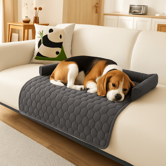 Protection-canapé-chien-antidérapant-avec-rebord en forme de traversin en U au rembourrage 100% coton haute densité et hypoallergénique-lavable en machine qui ne retient pas les poils, imperméable et respirant en velours cristal ultra doux-un chien de taille moyenne qui dort paisiblement sur le protège canapé de couleur gris sur le canapé du salon de l'appartement