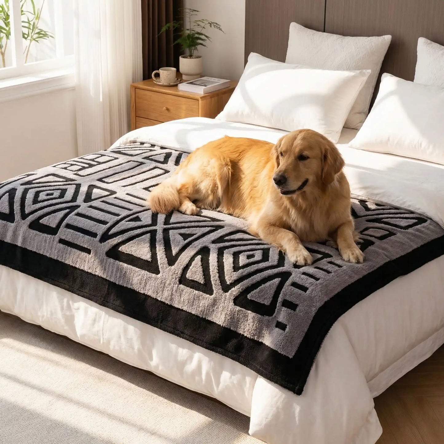 Protection-canape-chien-chiot-plaid chaud et épais, antidérapant et coutures solides, lavable en machine à laver avec design déométrique moderne pour couvrir egt protéger le canapé, lit ou mobilier des poils et tâches des chiens, écoresponsable et résistantes aux griffes-un gchien de taille moyenne couché confortablement sur la protection canapé placée sur le lit de son maitre dans la chambre de l'appartement