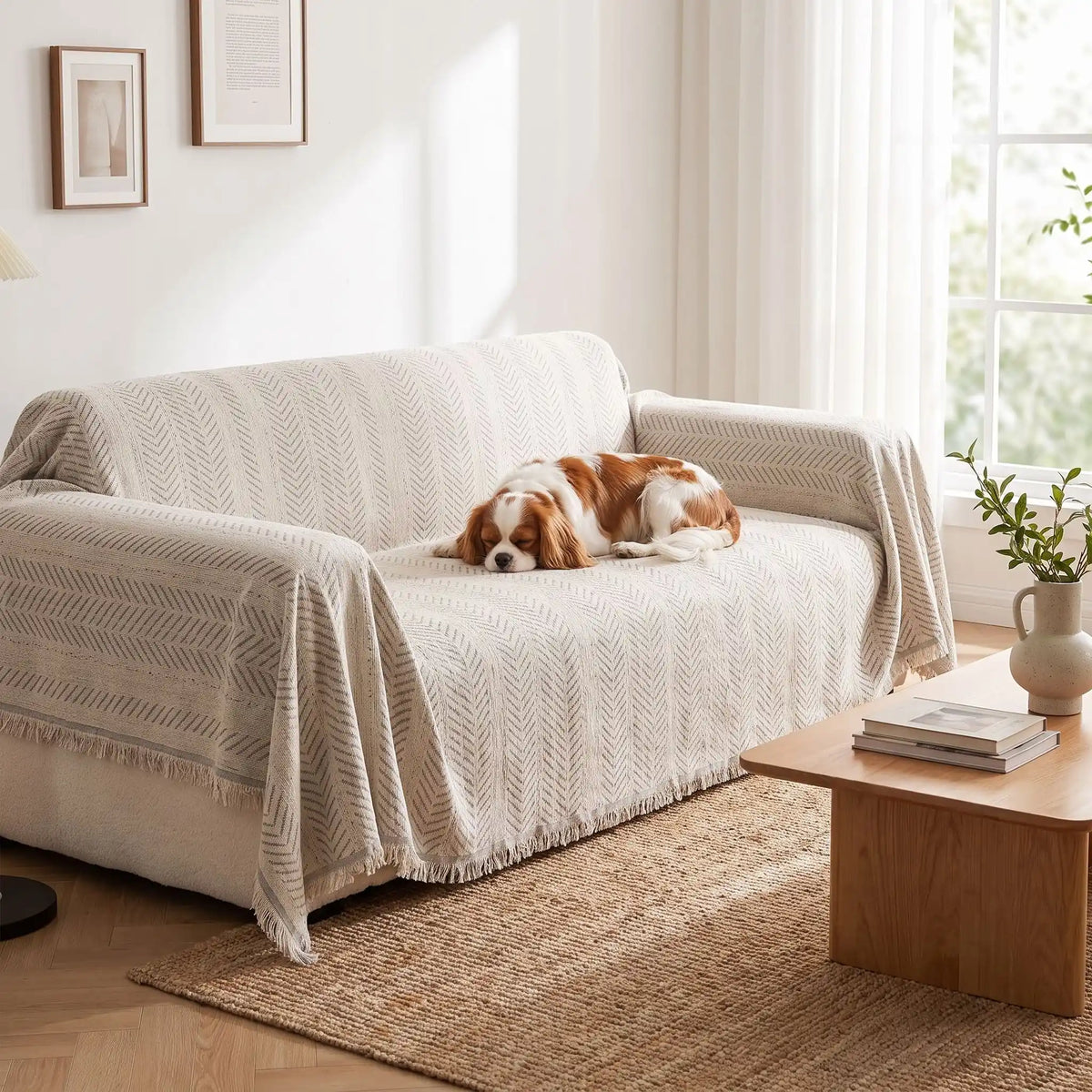 Protection-canape-chien-anti-poils-résistante aux griffes, tissage chenille coton et polyester, écoresponsable avec franges pour un style bohème chic de couleur gris clair, dispoinble en 4 tailles pour fauteuil/canapé une place, deux places, 3 places et 4 places, lavable en machine, doux respirant confortable et 4 saisons-un chien de taille moyenne qui dort paisiblement sur le plaid de protection pour le canapé 2 place  dans le salon de l'appartement
