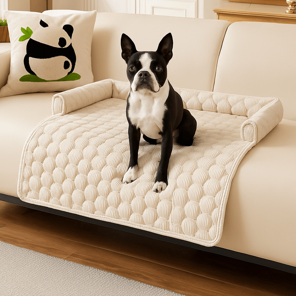 Protection-canapé-chien-antidérapant-avec-rebord en forme de traversin en U au rembourrage 100% coton haute densité et hypoallergénique-lavable en machine qui ne retient pas les poils, imperméable et respirant en velours cristal ultra doux-un petit chien noir et blanc assis confortablement sur le protège canapé de couleur crème sur le canapé du salon de l'appartement