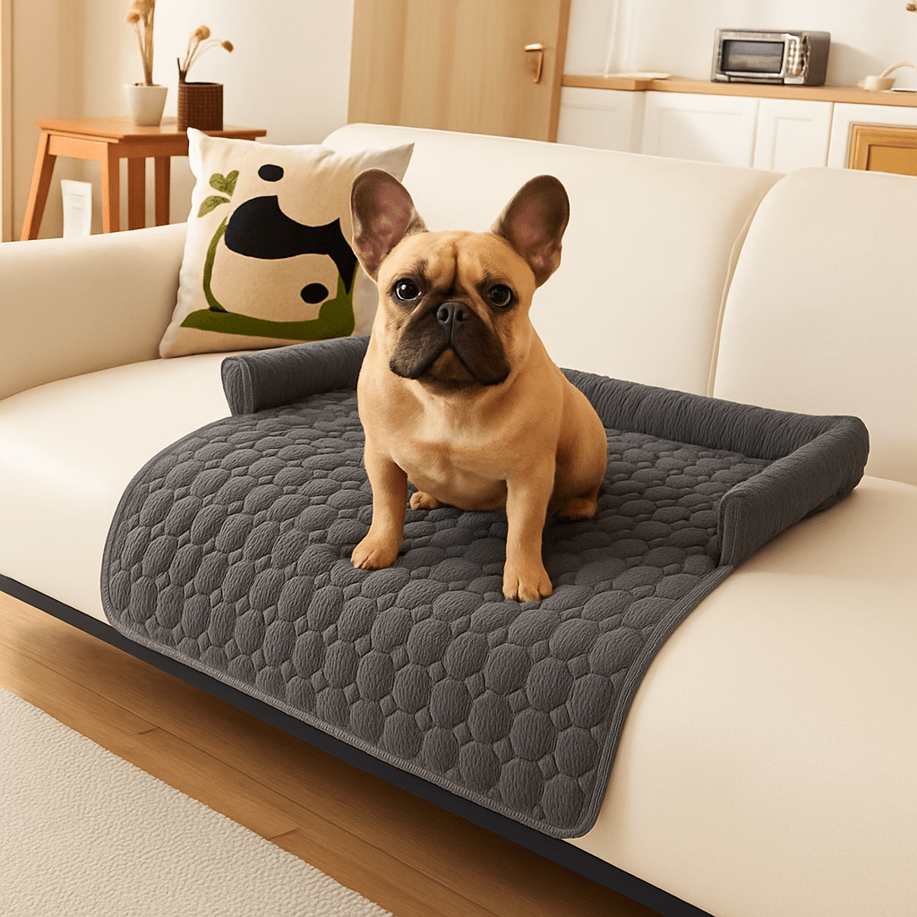 Protection-canapé-chien-antidérapant-avec-rebord en forme de traversin en U au rembourrage 100% coton haute densité et hypoallergénique-lavable en machine qui ne retient pas les poils, imperméable et respirant en velours cristal ultra doux-un chien de taille moyenne assis confortablement sur le protège canapé de couleur gris foncé sur le canapé du salon de la maison