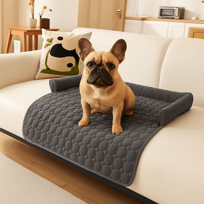 Protection-canapé-chien-antidérapant-avec-rebord en forme de traversin en U au rembourrage 100% coton haute densité et hypoallergénique-lavable en machine qui ne retient pas les poils, imperméable et respirant en velours cristal ultra doux-un chien de taille moyenne assis confortablement sur le protège canapé de couleur gris foncé sur le canapé du salon de la maison