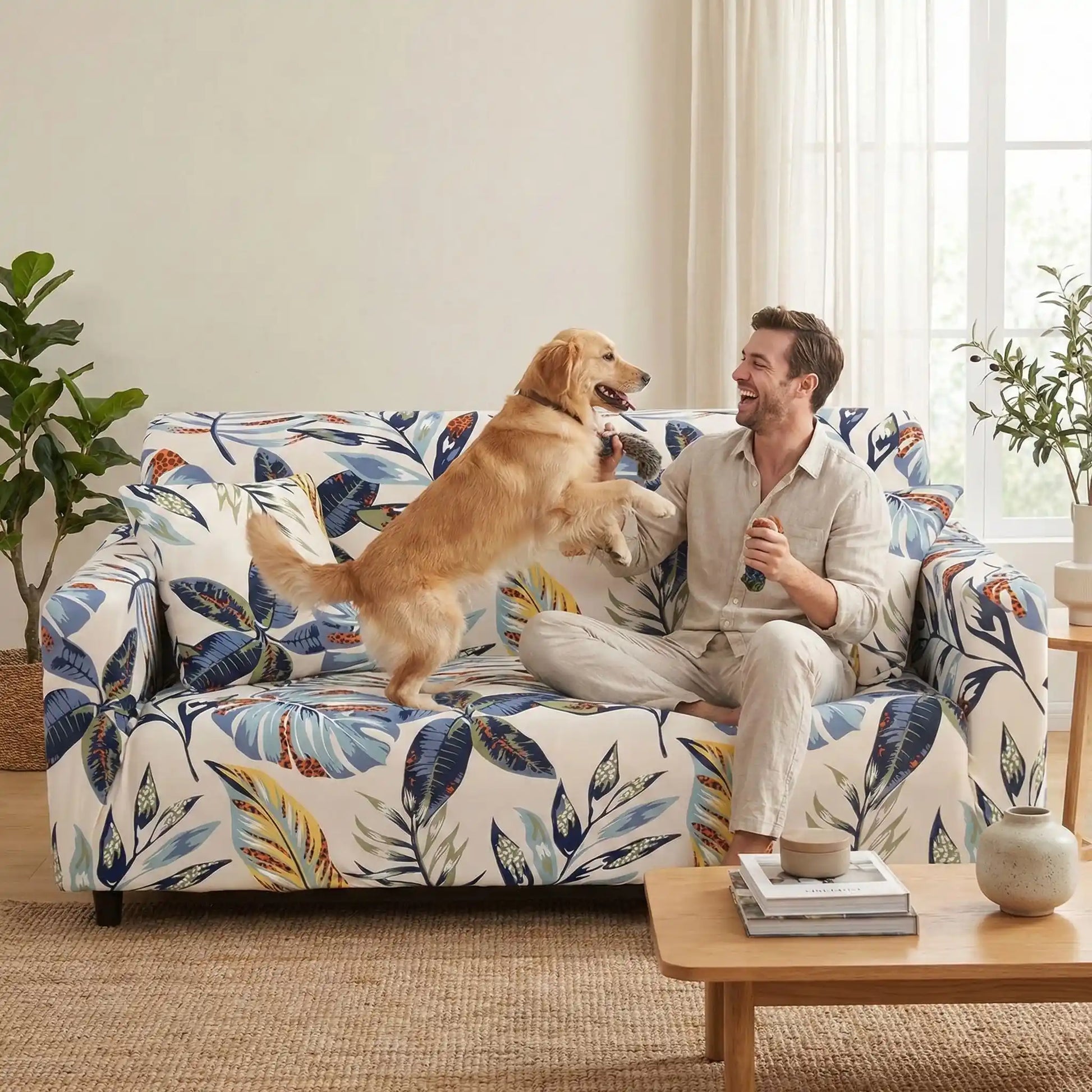Protection-canape-chien-anti-poils-anti accident, lavable en machine, haute élasticité et resistante aux griffes et à l'usure, universelle en 4 tailles pour fauteuil, canapé de 2/3/4 places, avec élastique et bloque plis-un maitre qui joue avec son golden retriever sur le canapé avec sa housse universelle adaptable à tous les canapés au design de nature soignée dans le salon de l'appartement