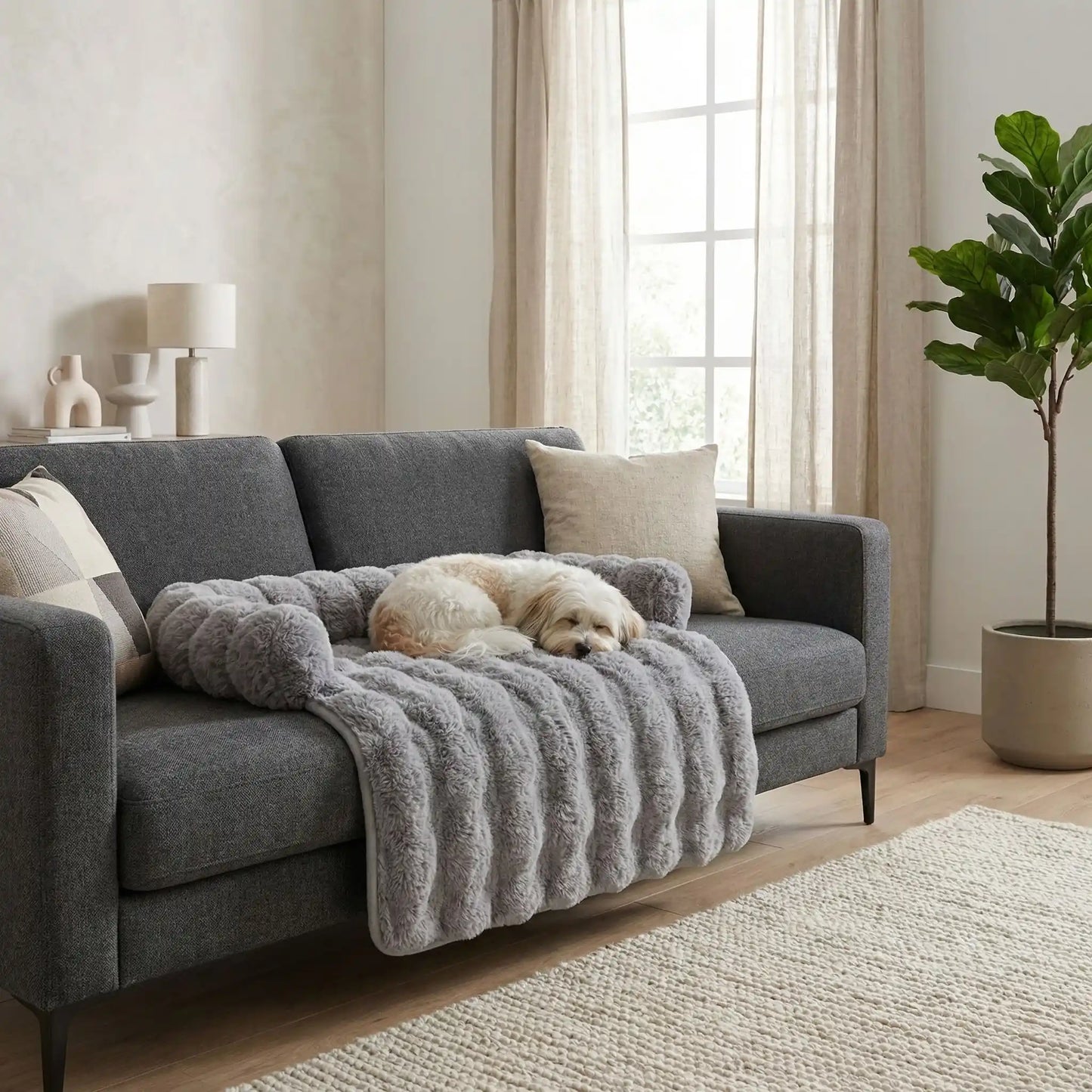 Protection-canape-chien-lit-antiderapant avec traversin entourant sur 3 côté, en fausse fourrure rembourrage 100% coton haute densité, polyvalent pour le sol, canapé, protège lit, protège siège voiture, tapis de cage, pliable, léger et portable pour petit à chien moyenne taille-dimensions 75x75 cm-un bichon maltais qui dort paisiblement sur la protection en fausse fourrure ultra douce de couleur gris clair, son corps entouré par le traversin rembourré sur le canapé du salon de la maison