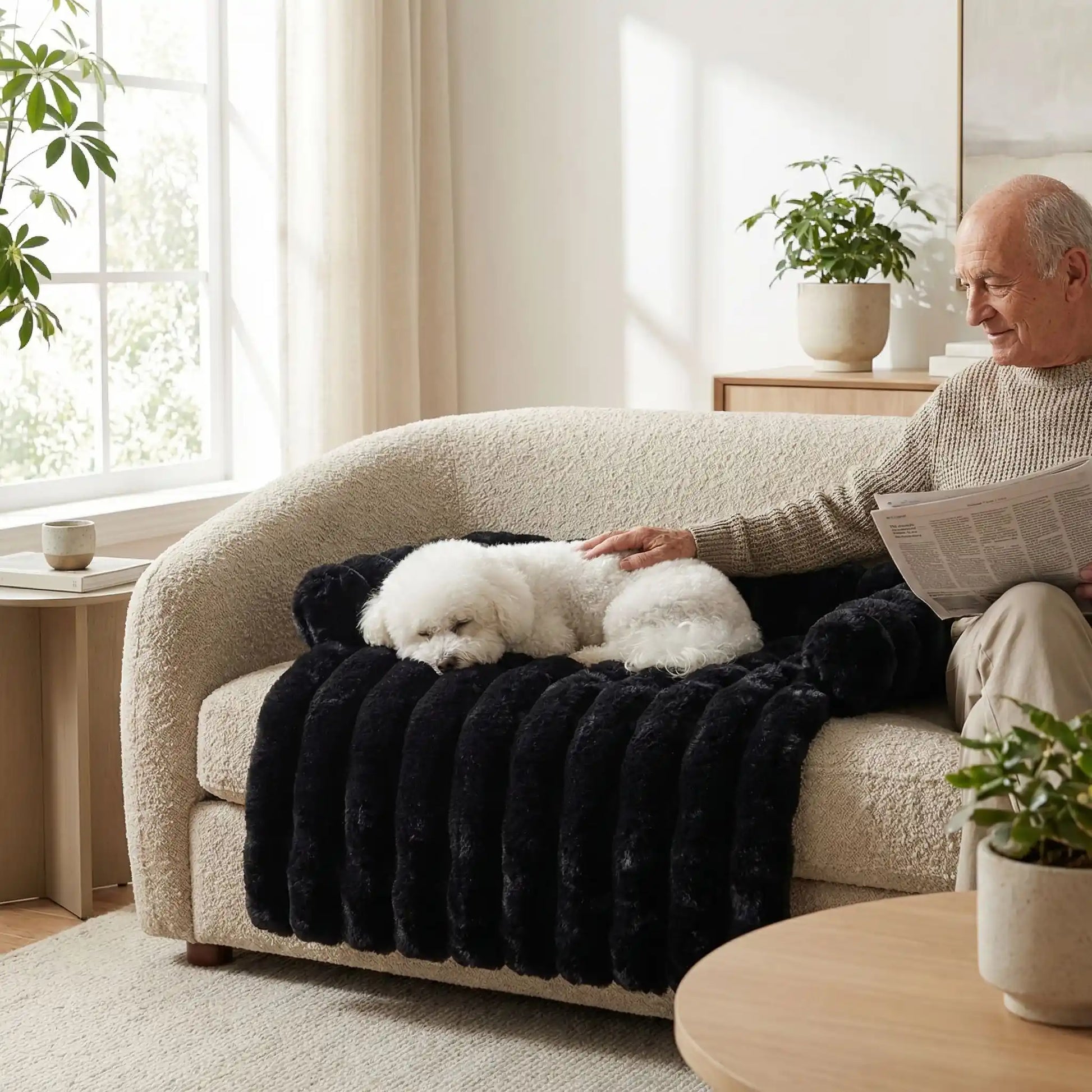 Protection-canape-chien-lit-antiderapant avec traversin entourant sur 3 côté, en fausse fourrure rembourrage 100% coton haute densité, polyvalent pour le sol, canapé, protège lit, protège siège voiture, tapis de cage, pliable, léger et portable pour petit à chien moyenne taille-dimensions 75x75 cm-un petit chien blanc qui dort sur la protection en fausse fourrure ultra douce en se faisant caresser par son mlaitre qui lit son journal à côté de lui sur le canapé du salon de la maison