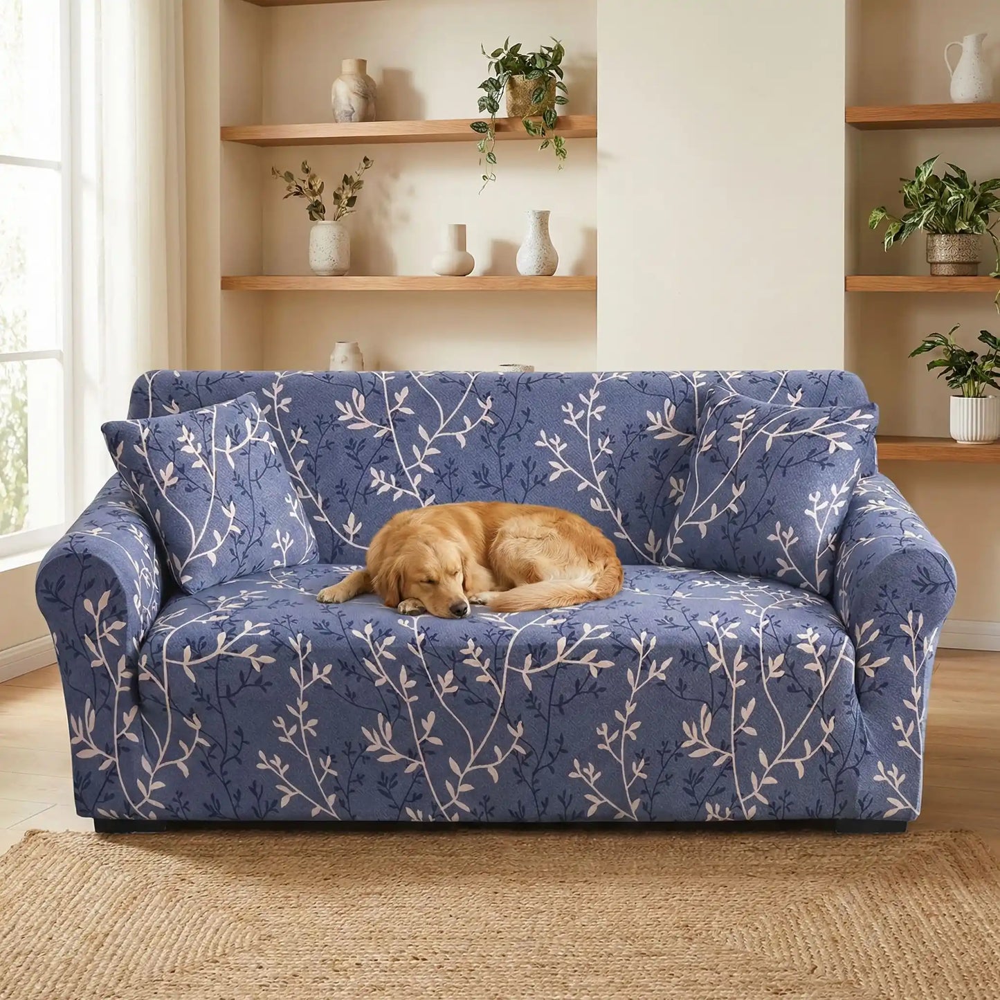 Protection-canape-chien-anti-poils-anti accident, lavable en machine, haute élasticité et resistante aux griffes et à l'usure, universelle en 4 tailles pour fauteuil, canapé de 2/3/4 places, avec élastique et bloque plis- design floral délicat- un chiien qui dort sur le gand canapé enveloppé de la housse belu foncé avec design de feuilles blanches délicates dans le salon de la maison