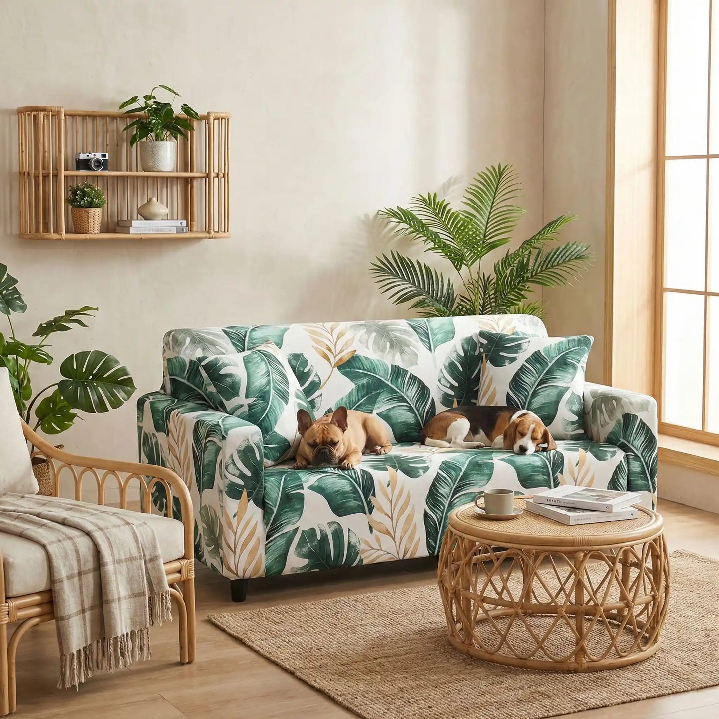 Protection-canape-chien-anti-poils-anti accident, lavable en machine, haute élasticité et resistante aux griffes et à l'usure, universelle en 4 tailles pour fauteuil, canapé de 2/3/4 places, avec élastique et bloque plis-deux chiots qui dort paisiblement sur le canapé avec sa housse universelle adaptable à tous les canapés au design de nature soignée dans le salon de la maison