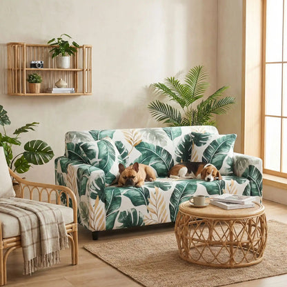 Protection-canape-chien-anti-poils-anti accident, lavable en machine, haute élasticité et resistante aux griffes et à l'usure, universelle en 4 tailles pour fauteuil, canapé de 2/3/4 places, avec élastique et bloque plis-deux chiots qui dort paisiblement sur le canapé avec sa housse universelle adaptable à tous les canapés au design de nature soignée dans le salon de la maison