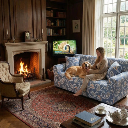 Protection-canape-chien-anti-poils-anti accident, lavable en machine, haute élasticité et resistante aux griffes et à l'usure, universelle en 4 tailles pour fauteuil, canapé de 2/3/4 places, avec élastique et bloque plis- design floral délicat- un maitresse assise confortablement sur le très grand canapé qui caressse tendrement son grand chien couché à côté d'elle sur le canapé devant la cheminée du salon du manoir