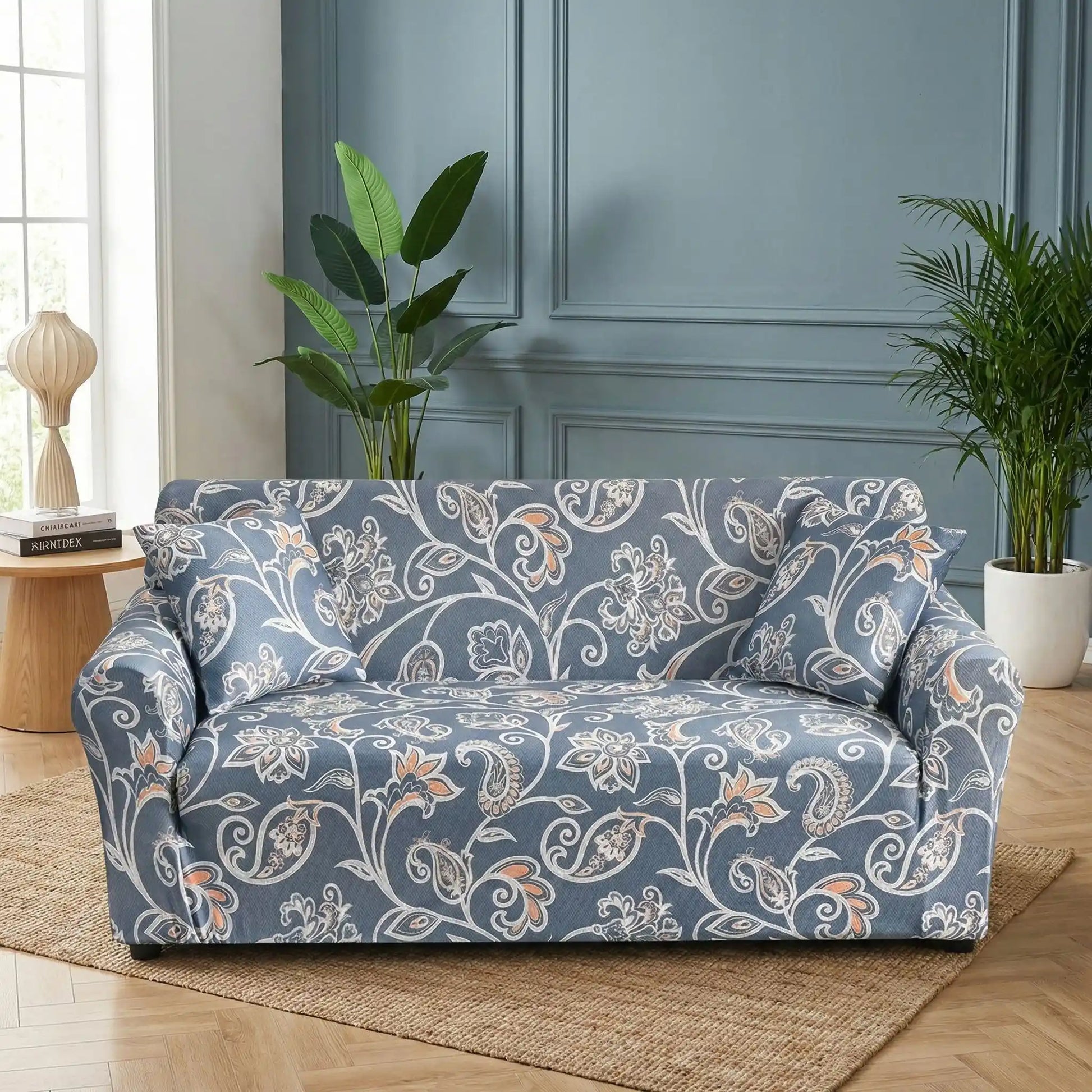 Protection-canape-chien-anti-poils-anti accident, lavable en machine, haute élasticité et resistante aux griffes et à l'usure, universelle en 4 tailles pour fauteuil, canapé de 2/3/4 places, avec élastique et bloque plis-design floral délicat- phot du modèle british élégant et romantique de couelur belu clair dans le salon du chateau 