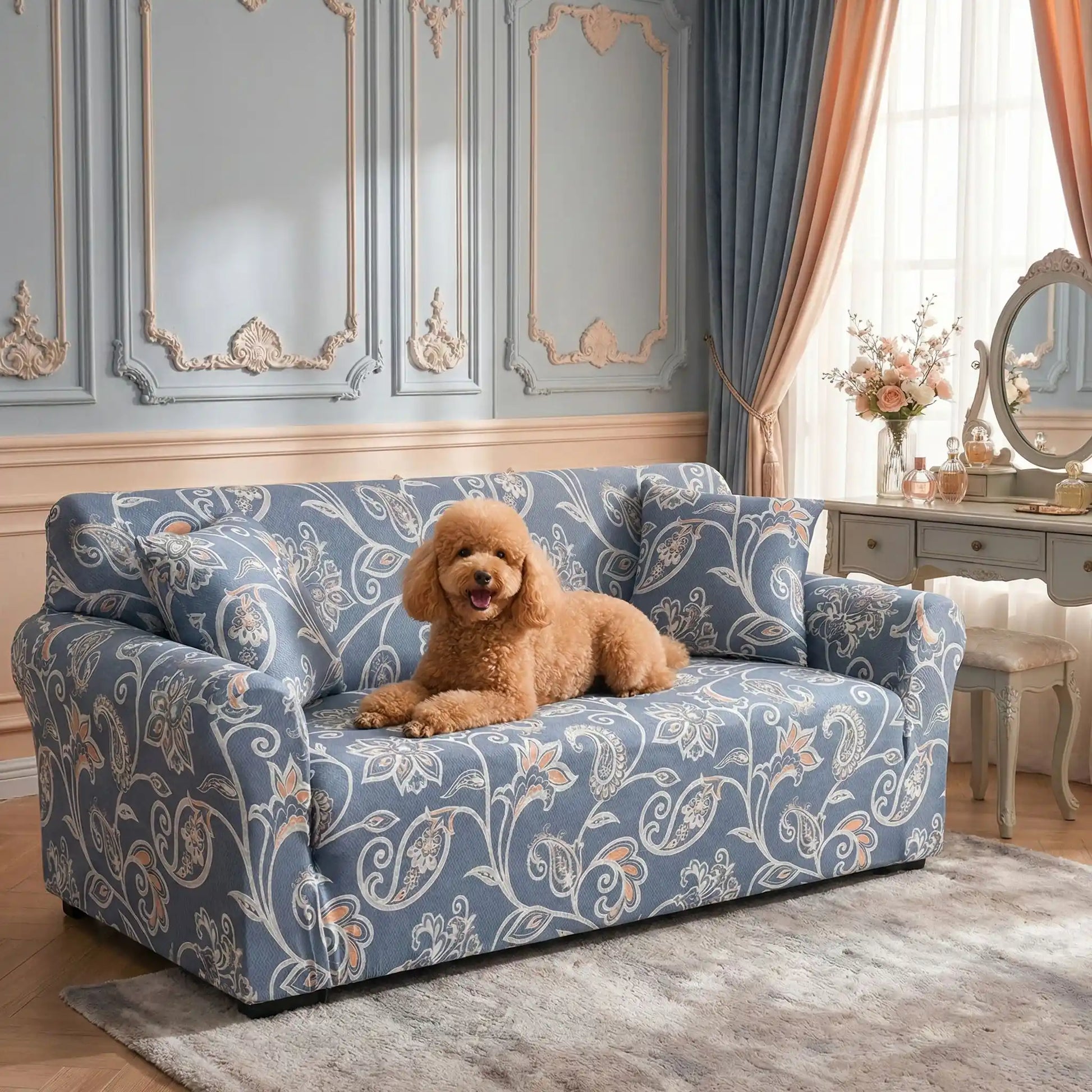 Protection-canape-chien-anti-poils-anti accident, lavable en machine, haute élasticité et resistante aux griffes et à l'usure, universelle en 4 tailles pour fauteuil, canapé de 2/3/4 places, avec élastique et bloque plis- design floral délicat- un petit chien confortablement sur le canapé dans le salon du boudoir de la maison