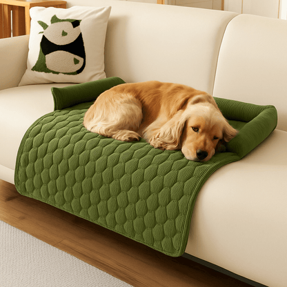 Protection-canapé-chien-antidérapant-avec-rebord en forme de traversin en U au rembourrage 100% coton haute densité et hypoallergénique-lavable en machine qui ne retient pas les poils, imperméable et respirant en velours cristal ultra doux-un chien à longues oreilles qui dort paisiblement sur le protège canapé de couleur vert sur le canapé du salon de la maison