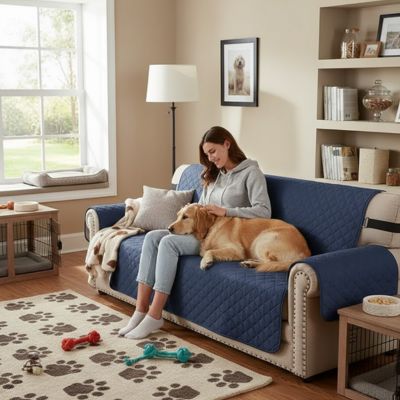 Protection-canapé-chien-impermeable-4-couches et rembourrage 100% coton, légère et universelle pour fauteuil, canapé 1/2/3 ou 4 places,lavable en machine, résistant aux griffes et tâches, réversible avec sangles élastiques pour le dossier et 3 pans séparés compatible pour les canapés et fauteuils relaxant et inclinable-une maitresse qui caresse son chien blanc à poils longs couché contre elle sur la protection bleu marine sur le canapé du salon de l'appartement