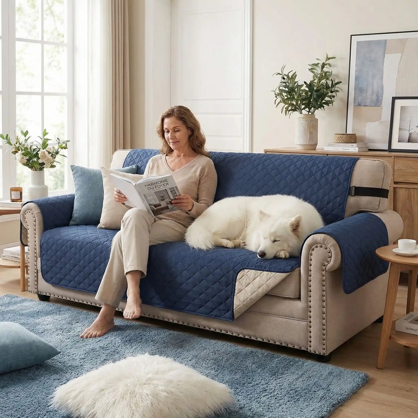 Protection-canapé-chien-impermeable-4-couches et rembourrage 100% coton, légère et universelle pour fauteuil, canapé 1/2/3 ou 4 places,lavable en machine, résistant aux griffes et tâches, réversible avec sangles élastiques pour le dossier et 3 pans séparés compatible pour les canapés et fauteuils relaxant et inclinable-une maitresse qui lit son livre assise à côté de son grand chien à poils longs couché contre elle sur la protection bleu marine sur le canapé du salon de l'appartement