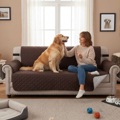 Protection-canapé-chien-impermeable-4-couches et rembourrage 100% coton, légère et universelle pour fauteuil, canapé 1/2/3 ou 4 places,lavable en machine, résistant aux griffes et tâches, réversible avec sangles élastiques pour le dossier et 3 pans séparés compatible pour les canapés et fauteuils relaxant et inclinable-une maitresse qui caresse son chien à poils longs assis avec elle sur la protection bleu marine sur le canapé du salon de l'appartement