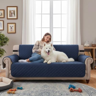 Protection-canapé-chien-impermeable-4-couches et rembourrage 100% coton, légère et universelle pour fauteuil, canapé 1/2/3 ou 4 places,lavable en machine, résistant aux griffes et tâches, réversible avec sangles élastiques pour le dossier et 3 pans séparés compatible pour les canapés et fauteuils relaxant et inclinable-une maitresse qui caresse son samoyède blanc à poils longs couché contre elle sur la protection bleu marine sur le canapé du salon de la maison