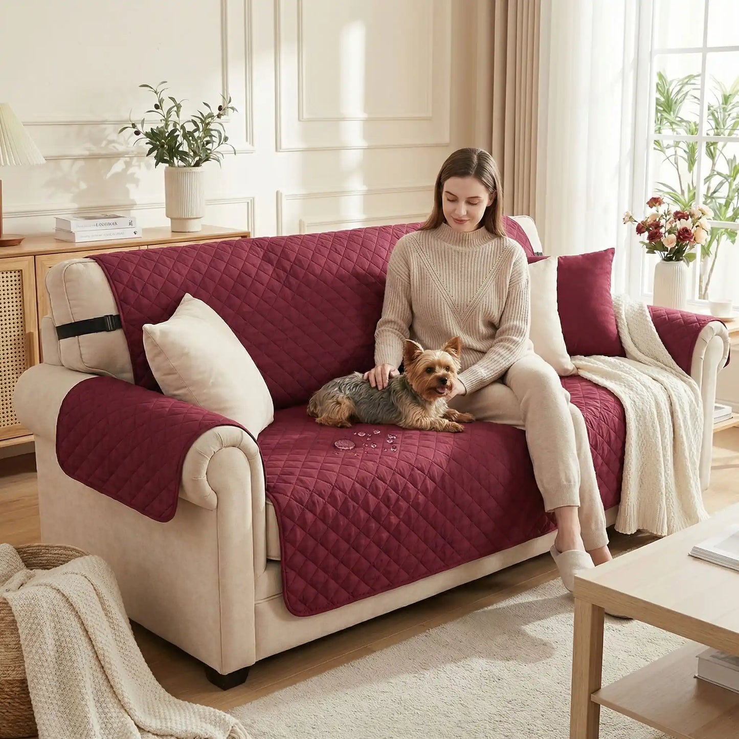 Protection-canapé-chien-impermeable-4-couches et rembourrage 100% coton, légère et universelle pour fauteuil, canapé 1/2/3 ou 4 places,lavable en machine, résistant aux griffes et tâches, réversible avec sangles élastiques pour le dossier et 3 pans séparés compatible pour les canapés et fauteuils relaxant et inclinable-une jeune femme qui caresse son petit chien blanc à poils longs couché contre elle sur la protection bordeaux sur le canapé du salon de l'appartement