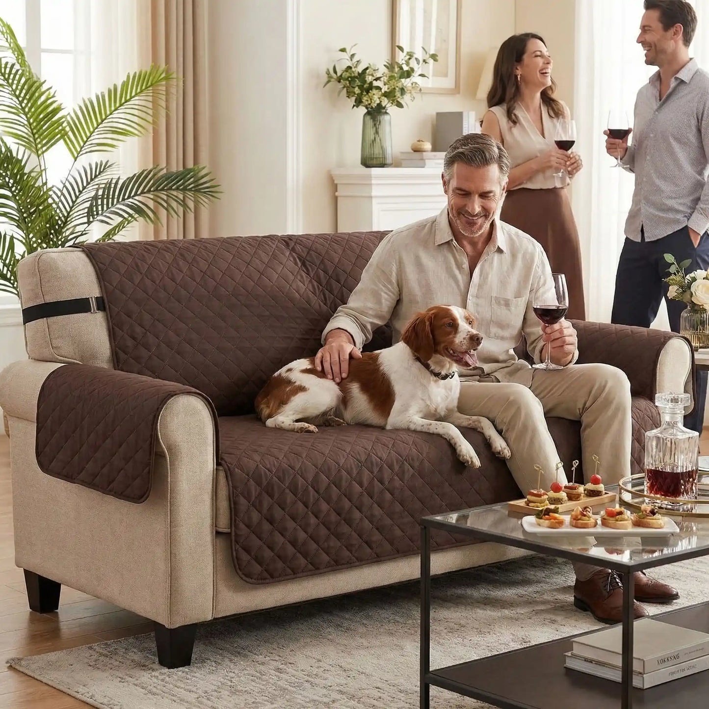 Protection-canapé-chien-impermeable-4-couches et rembourrage 100% coton, légère et universelle pour fauteuil, canapé 1/2/3 ou 4 places,lavable en machine, résistant aux griffes et tâches, réversible avec sangles élastiques pour le dossier et 3 pans séparés compatible pour les canapés et fauteuils relaxant et inclinable-un maitre qui caresse son chien blanc et marron à poils longs couché contre lui sur la protection marron sur le canapé du salon de la maison entouré d'invités qui prennent l'apéritif