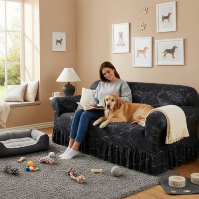 Protection-canape-chien-anti-poils-anti accident, lavable en machine, haute élasticité et resistante aux griffes et à l'usure, universelle en 4 tailles pour fauteuil, canapé de 2/3/4 places, avec élastique et bloque plis- design floral délicat- un golden retiever couché à côté de son maitre assis confortablement sur le canapé avec sa housse extensible universelle noir dans le salon de l'appartement