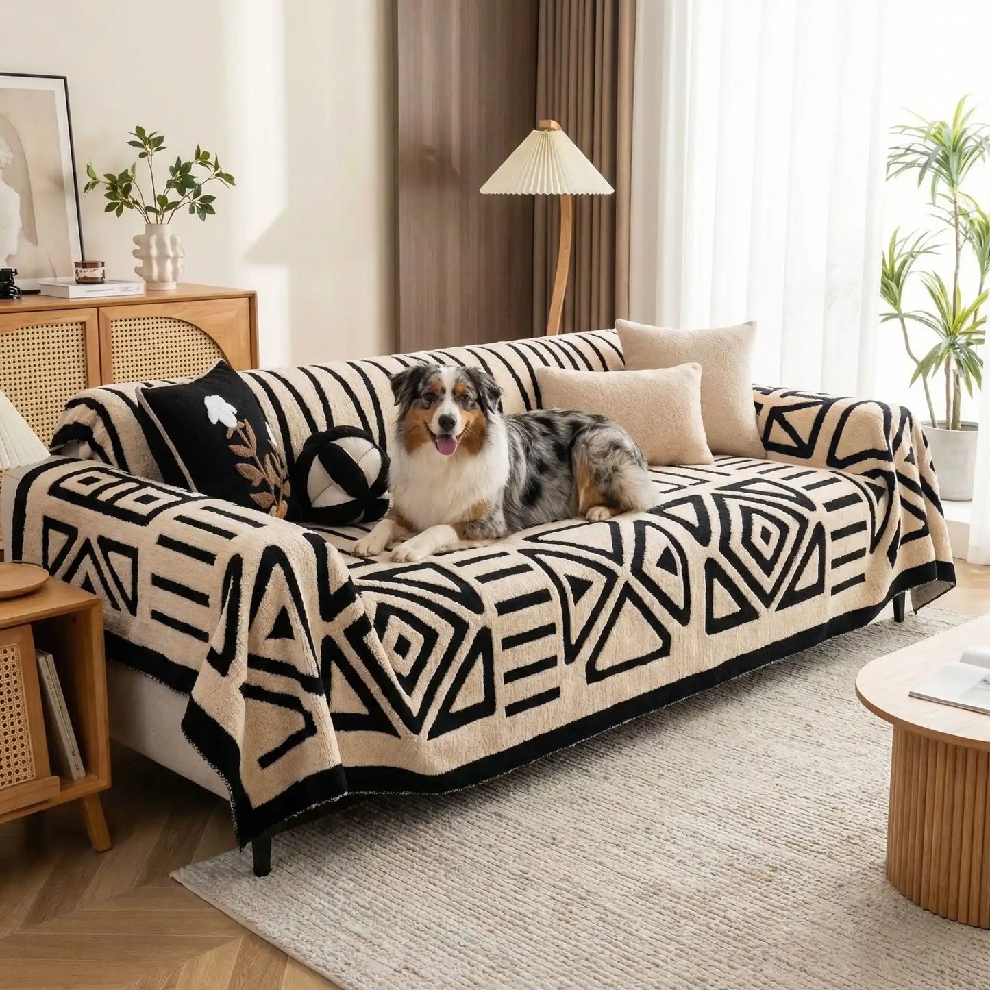 Protection-canape-chien-chiot-plaid chaud et épais, antidérapant et coutures solides, lavable en machine à laver avec design déométrique moderne pour couvrir et protéger le canapé, lit ou mobilier des poils et tâches des chiens, écoresponsable et résistantes aux griffes-un berger australien couché confortablement  sur la protection canapé blanc crème aux motifs géométriques noir sur le canapé du salon de l'appartement