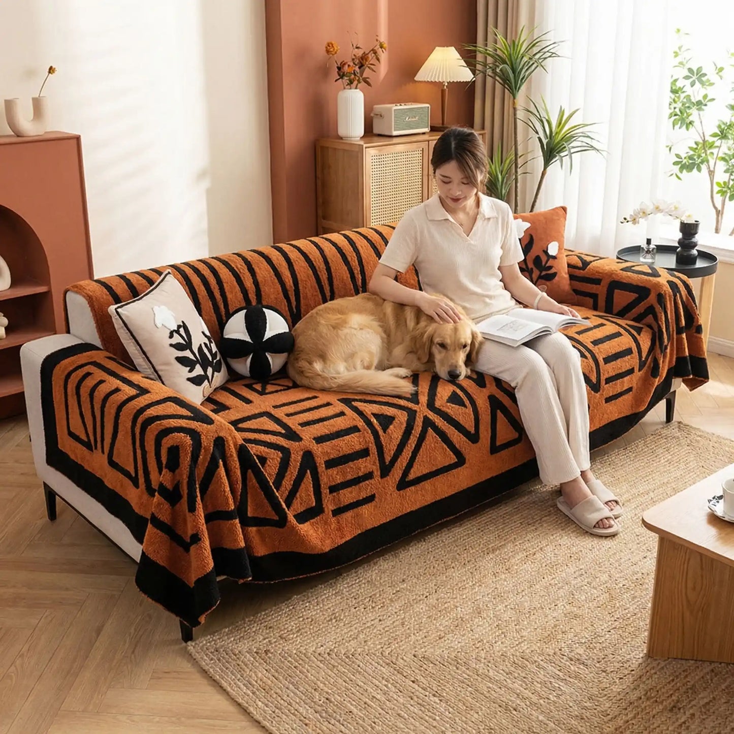 Protection-canape-chien-chiot-plaid chaud et épais, antidérapant et coutures solides, lavable en machine à laver avec design déométrique moderne pour couvrir et protéger le canapé, lit ou mobilier des poils et tâches des chiens, écoresponsable et résistantes aux griffes-un grand chien qui dort couché sur la protection canapé orange aux motifs géométriques noir avec sa maitresse qui le caresse tendrement assise à côté d'elle sur le canapé du salon de l'appartement