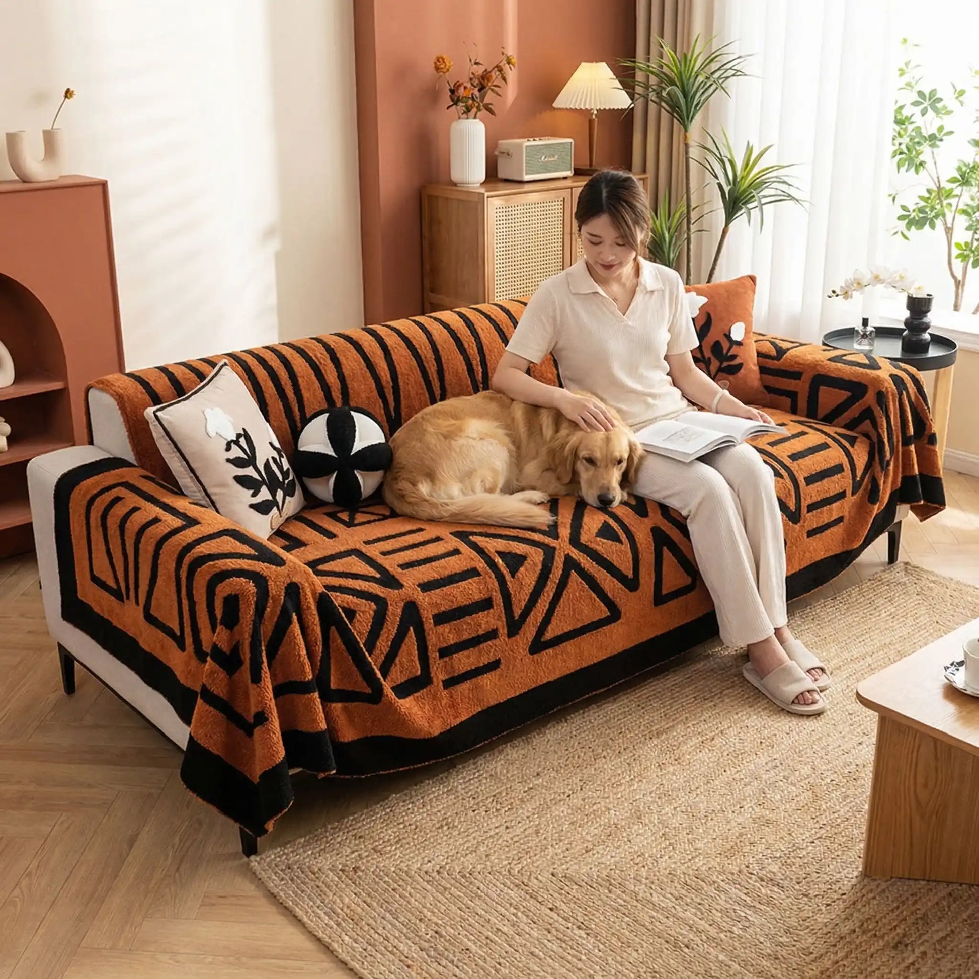 Protection-canape-chien-chiot-plaid chaud et épais, antidérapant et coutures solides, lavable en machine à laver avec design déométrique moderne pour couvrir et protéger le canapé, lit ou mobilier des poils et tâches des chiens, écoresponsable et résistantes aux griffes-un grand chien qui dort couché sur la protection canapé orange aux motifs géométriques noir avec sa maitresse qui le caresse tendrement assise à côté d'elle sur le canapé du salon de l'appartement