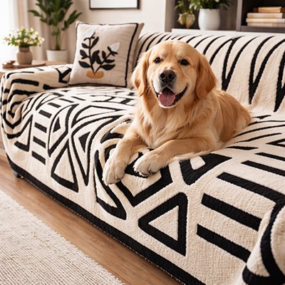 Protection-canape-chien-chiot-plaid chaud et épais, antidérapant et coutures solides, lavable en machine à laver avec design déométrique moderne pour couvrir et protéger le canapé, lit ou mobilier des poils et tâches des chiens, écoresponsable et résistantes aux griffes-un labrador  couché confortablement sur la protection canapé blanc aux motifs géométriques noir sur le canapé du salon de l'appartement