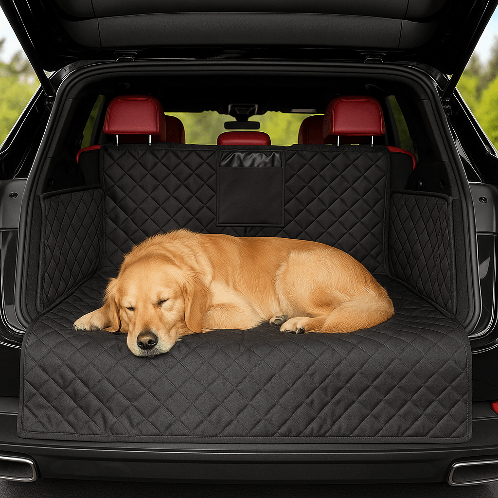 Protection-coffre-voiture-chien-avec-sangle et clips et pochette de rangement, installation rapide, pliable 100% imperméable résistant aux griffes et morsures, solide et durable, lavabvle, tissu oxford, rembourrage 100% coton haute densité, protection totale des sièges, deux côtés latéraux  avec attache appui tete, antidérapant et confortable pour tous les chiens, taille universelle adaptable à tout type de véhicules-un grand chienqui dorme confortablement sur la housse dans le coffre ouvert de la voiture 