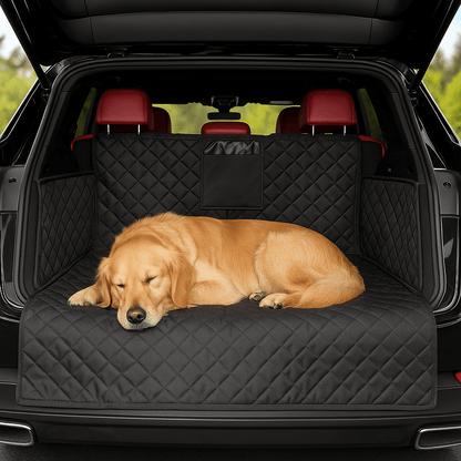 Protection-coffre-voiture-chien-avec-sangle et clips et pochette de rangement, installation rapide, pliable 100% imperméable résistant aux griffes et morsures, solide et durable, lavabvle, tissu oxford, rembourrage 100% coton haute densité, protection totale des sièges, deux côtés latéraux  avec attache appui tete, antidérapant et confortable pour tous les chiens, taille universelle adaptable à tout type de véhicules-un grand chienqui dorme confortablement sur la housse dans le coffre ouvert de la voiture 