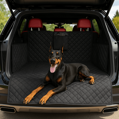 Protection-coffre-voiture-chien-avec-sangle et clips et pochette de rangement, installation rapide, pliable 100% imperméable résistant aux griffes et morsures, solide et durable, lavabvle, tissu oxford, rembourrage 100% coton haute densité, protection totale des sièges, deux côtés latéraux  avec attache appui tete, antidérapant et confortable pour tous les chiens, taille universelle adaptable à tout type de véhicules-un grand chien couché confortablement sur la housse dans le coffre ouvert de la voiture