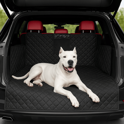 Protection-coffre-voiture-chien-lavable-avec-sangle et clips et pochette de rangement, installation rapide, pliable 100% imperméable résistant aux griffes et morsures, solide et durable, 4 couches, tissu oxford, rembourrage 100% coton haute densité, protection totale des sièges, avec côtés latéraux, attache appui tete, antidérapant et confortable pour tous les chiens, taille universelle adaptable à tout type de véhicules-un Dogue Argentin couché confortablement sur la couverture dans le coffre ouvert du 4x4