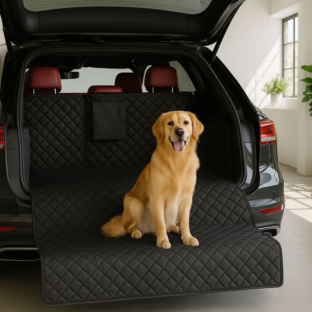 Protection-coffre-voiture-chien-avec-sangle et clips et pochette de rangement, installation rapide, pliable 100% imperméable résistant aux griffes et morsures, solide et durable, 4 couches, tissu oxford, rembourrage 100% coton haute densité, protection totale des sièges, deux côtés latéraux  avec attache appui tete, antidérapant et confortable pour tous les chiens, taille universelle adaptable à tout type de véhicules-un grand chien assis confortablement sur la couverture dans le coffre ouvert du 4x4