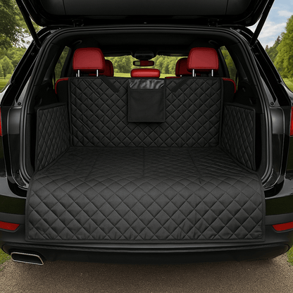 Protection-coffre-voiture-chien-avec-sangle et clips et pochette de rangement, installation rapide, pliable 100% imperméable résistant aux griffes et morsures, solide et durable, lavabvle, tissu oxford, rembourrage 100% coton haute densité, protection totale des sièges, deux côtés latéraux  avec attache appui tete, antidérapant et confortable pour tous les chiens, taille universelle adaptable à tout type de véhicules-de couleur noir, matelassé et chic