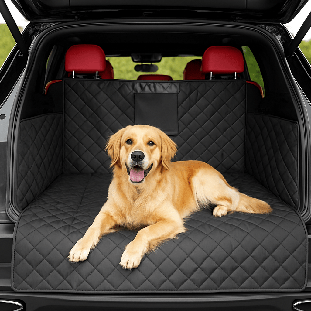 Protection-coffre-voiture-chien-avec-sangle et clips et pochette de rangement, installation rapide, pliable 100% imperméable résistant aux griffes et morsures, solide et durable, lavabvle, tissu oxford, rembourrage 100% coton haute densité, protection totale des sièges, deux côtés latéraux  avec attache appui tete, antidérapant et confortable pour tous les chiens, taille universelle adaptable à tout type de véhicules-un grand chien couché confortablement sur la housse dans le coffre ouvert de la voiture